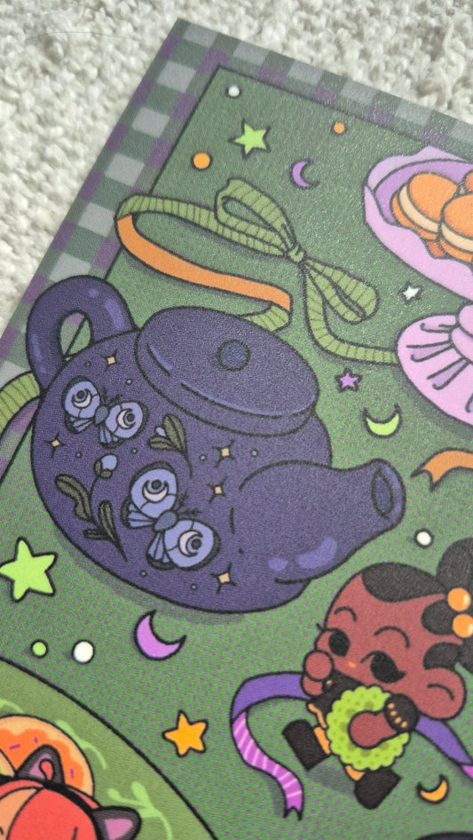 Trick or Tea | Seasonal Cozy Cute Spooky Autumn Tea Party Themed Premium Postcard Illustration | B-GRADE