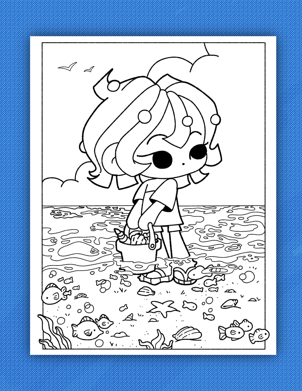 Nori At SeaSide | Cozy Kawaii Style Digital Coloring Page | Printable Digital Download