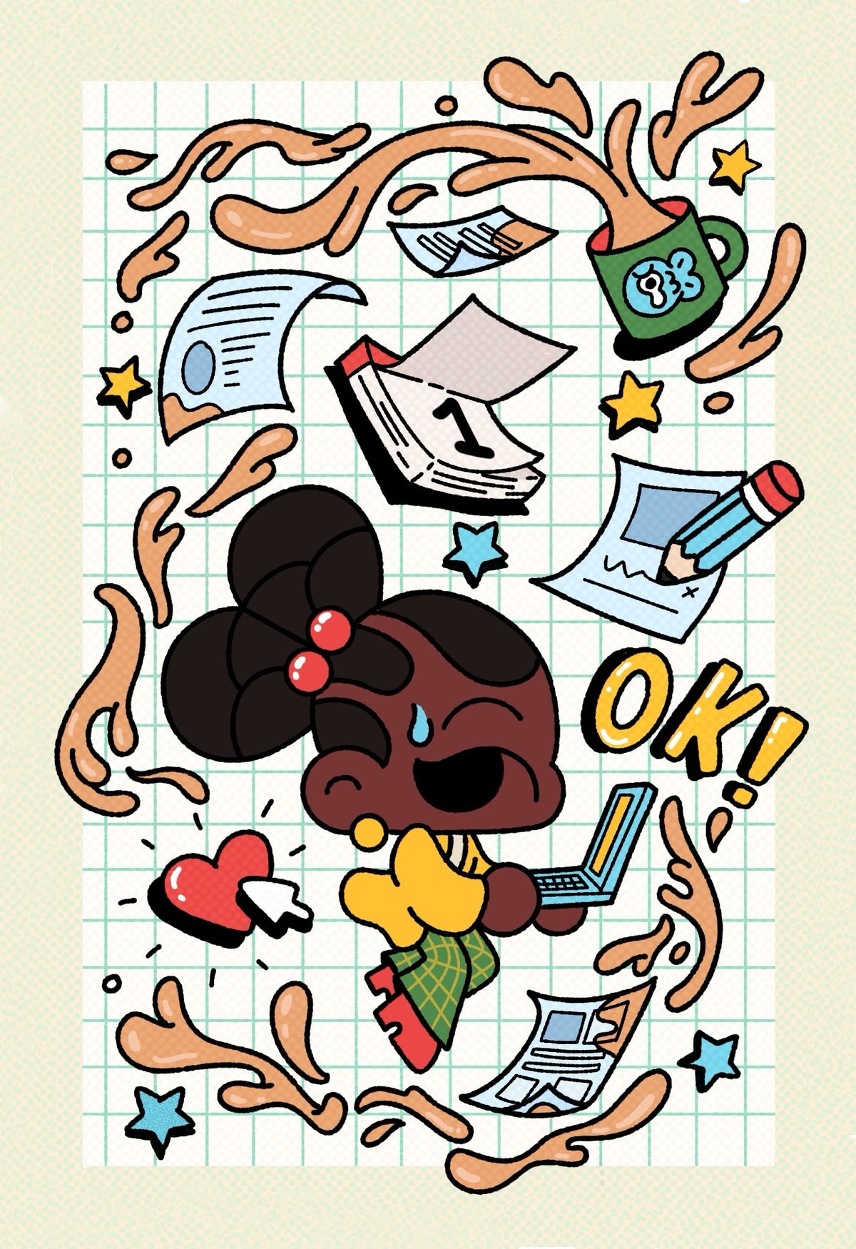 Keeping It Together| Cute Kawaii-Inspired Office Premium Postcard Illustration