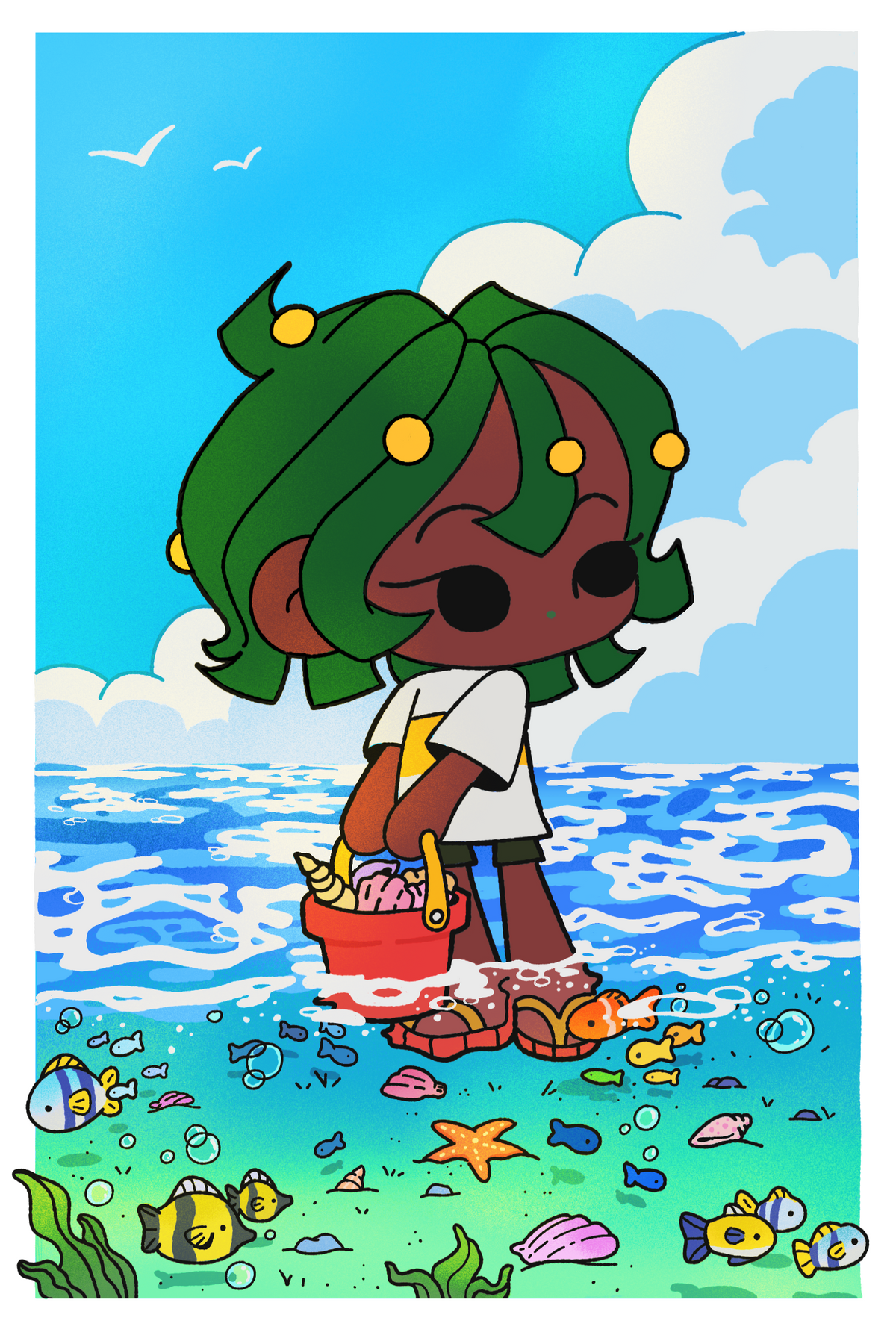 Nori At Seaside | Cute Calm Beachy Ocean Premium Postcard Illustration