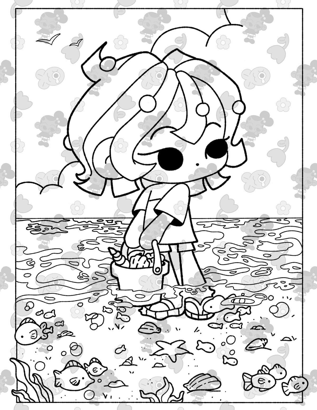 Nori At SeaSide | Cozy Kawaii Style Digital Coloring Page | Printable Digital Download