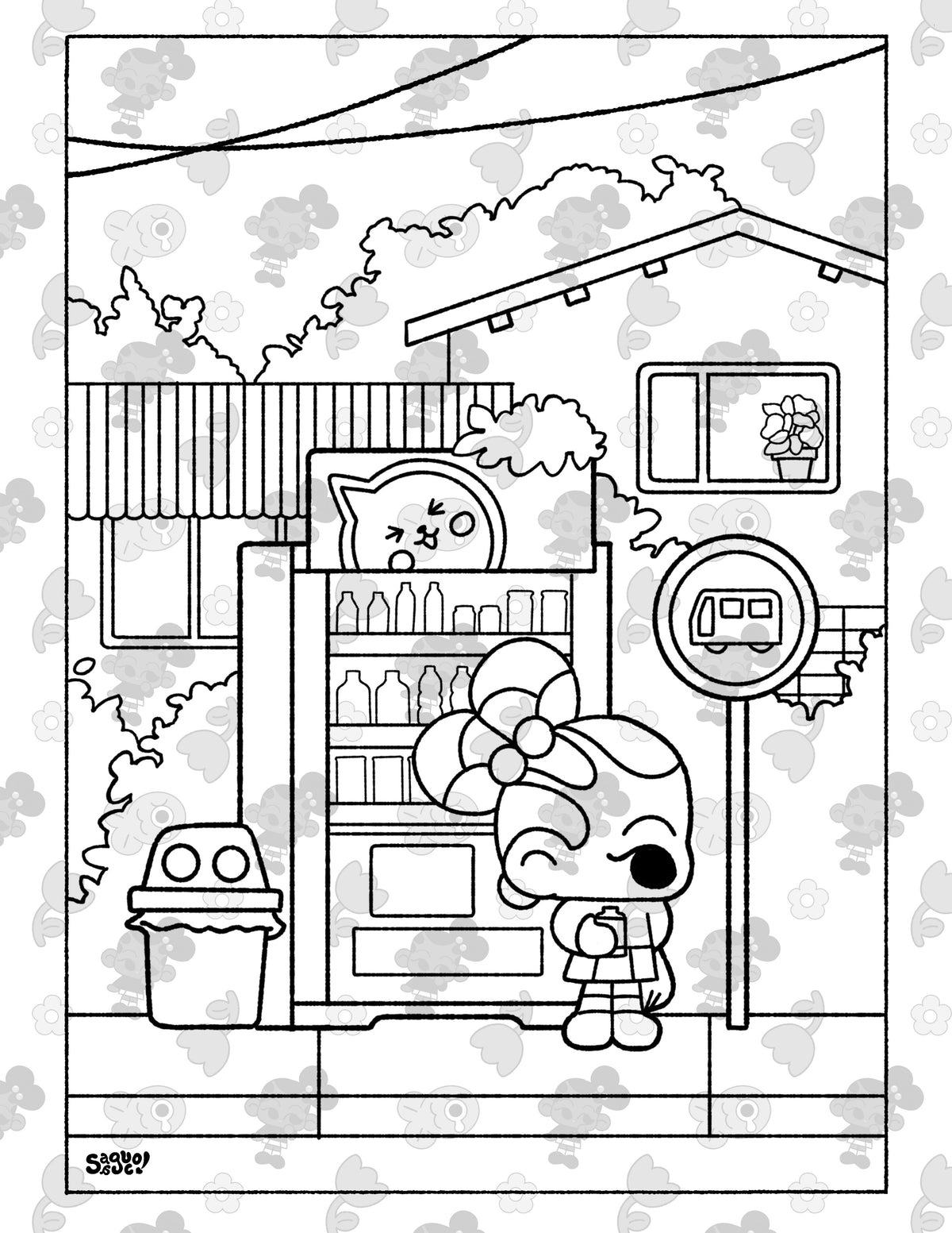 Bus Stop in Kyoto | Cute Kawaii Style Cozy Printable Coloring Page