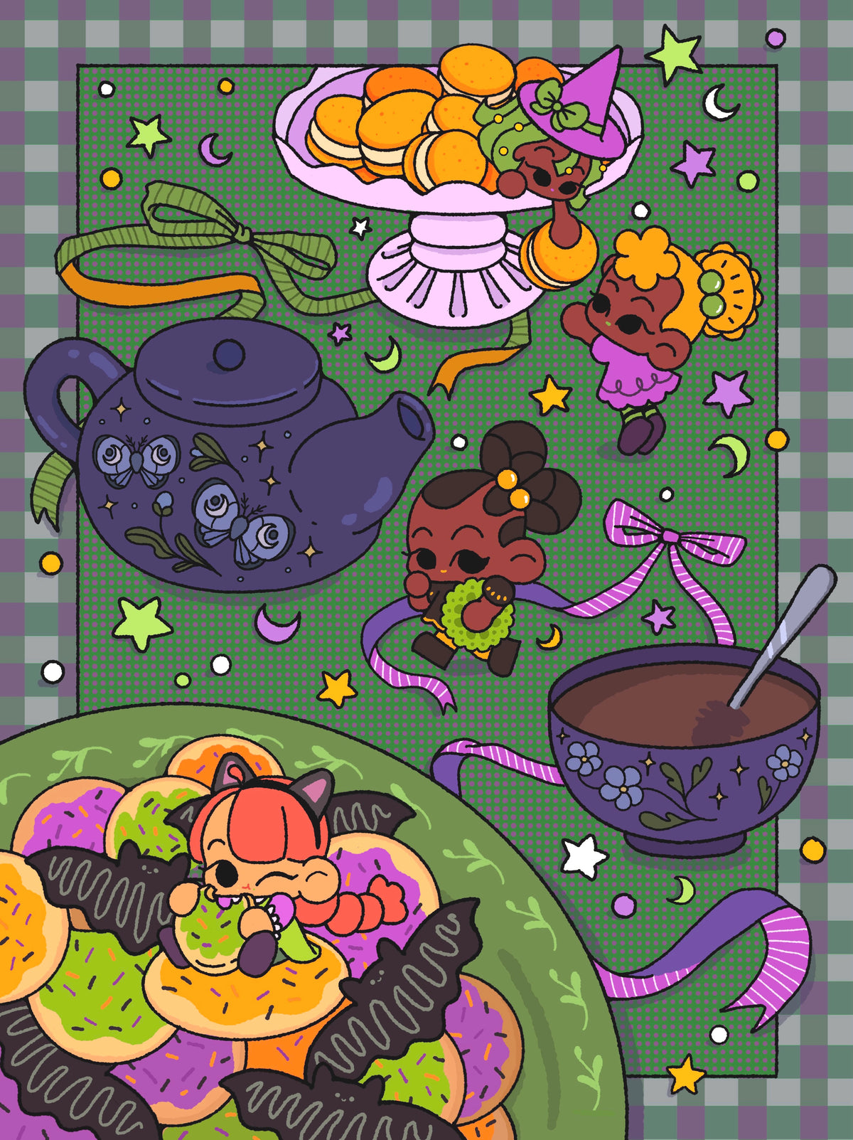 Trick or Tea | Seasonal Cozy Cute Spooky Autumn Tea Party Themed Premium Postcard Illustration | B-GRADE