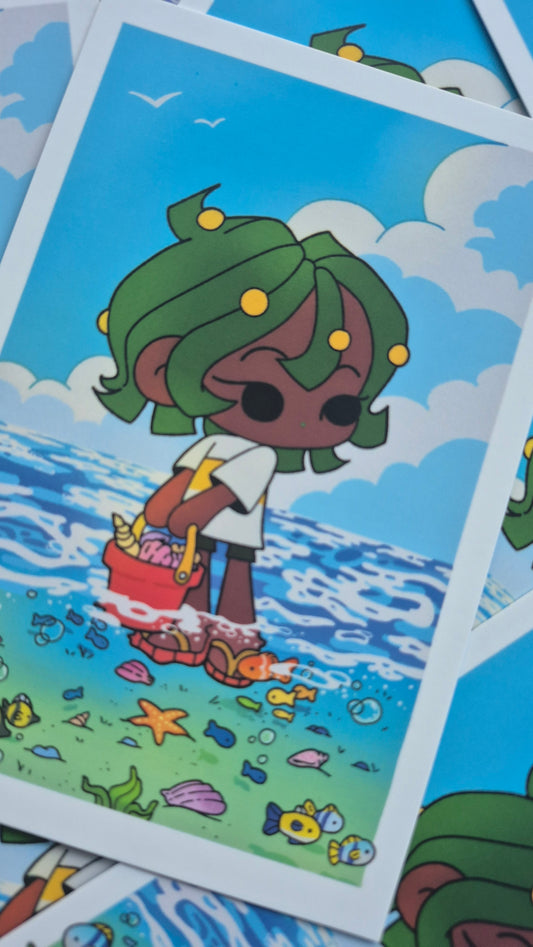Nori At Seaside | Cute Calm Beachy Ocean Premium Postcard Illustration