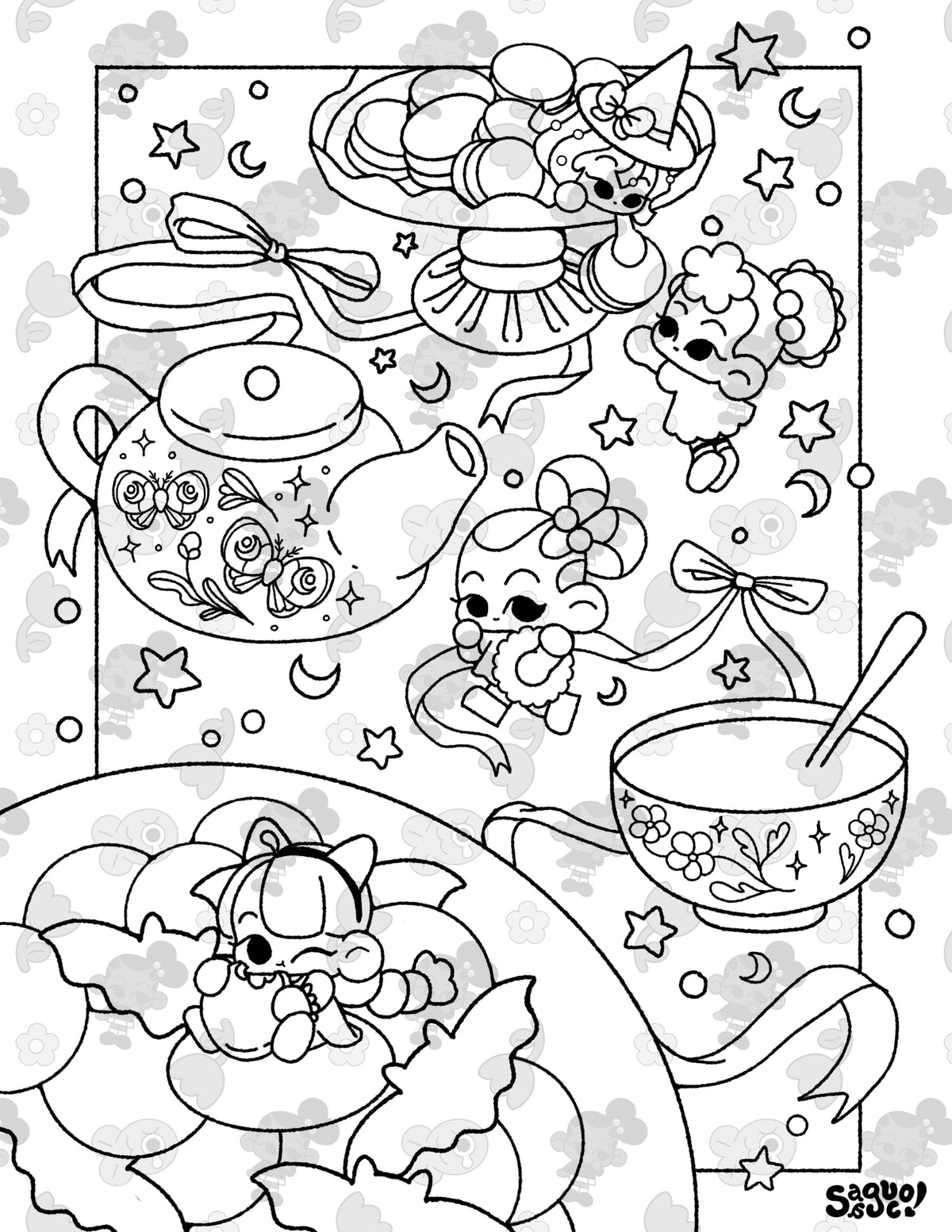 Trick or Tea | Cozy Halloween Themed Digital Coloring Page