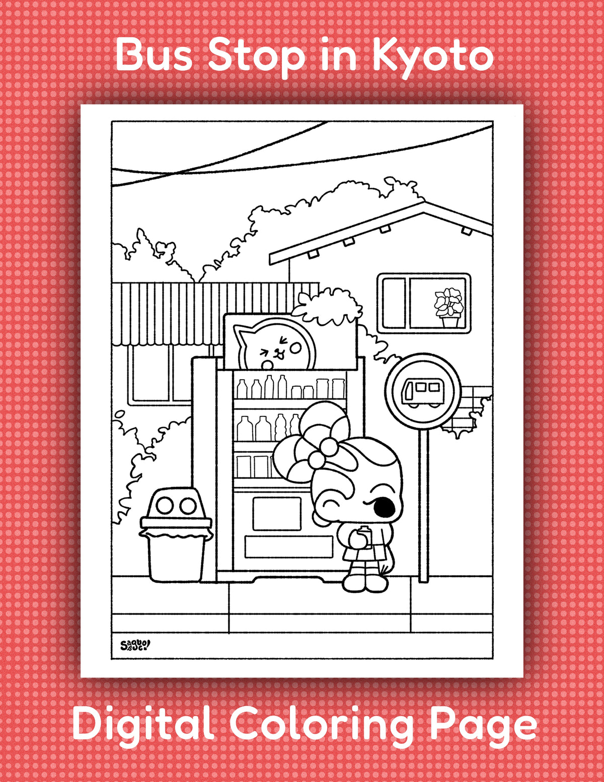 Bus Stop in Kyoto | Cute Kawaii Style Cozy Printable Coloring Page