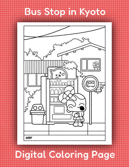 Bus Stop in Kyoto | Cute Kawaii Style Cozy Printable Coloring Page