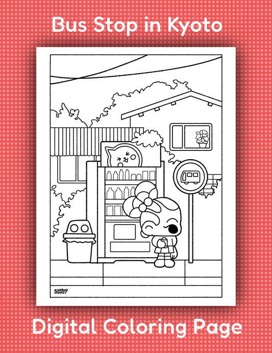 Bus Stop in Kyoto | Cute Kawaii Style Cozy Printable Coloring Page