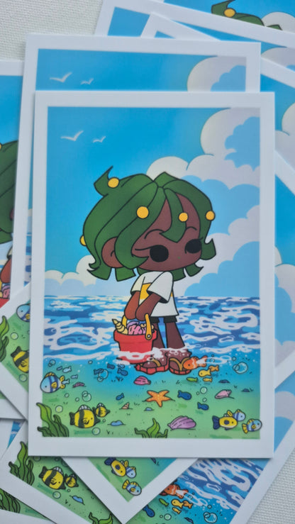 Nori At Seaside | Cute Calm Beachy Ocean Premium Postcard Illustration