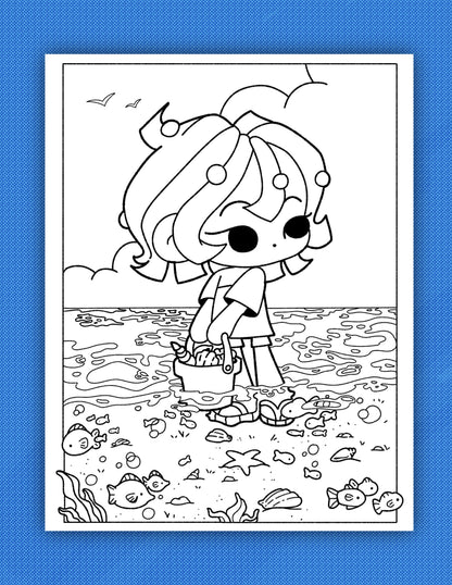 Nori At SeaSide | Cozy Kawaii Style Digital Coloring Page | Printable Digital Download