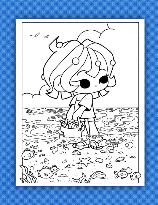 Nori At SeaSide | Cozy Kawaii Style Digital Coloring Page | Printable Digital Download