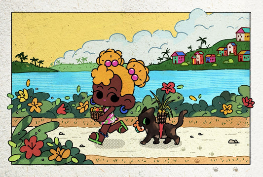 Little Helper | Cute Kawaii-Inspired Beach Ocean Cat Postcard Illustration