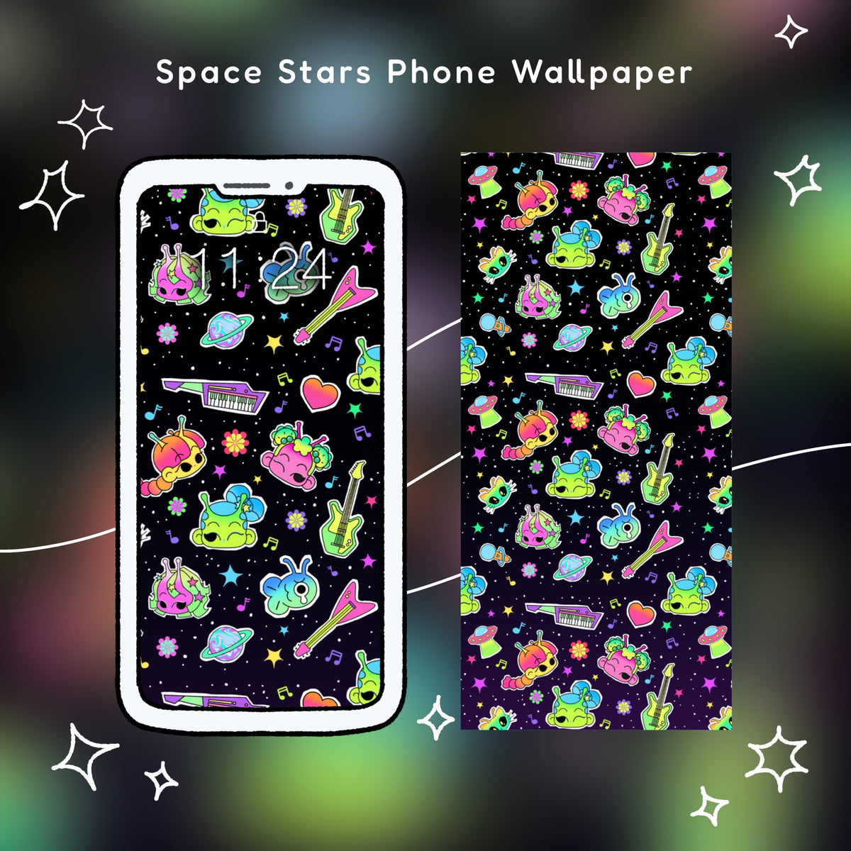 Space Stars Phone Wallpaper | iPhone & Android | Cute Alien Themed Digital Wallpaper