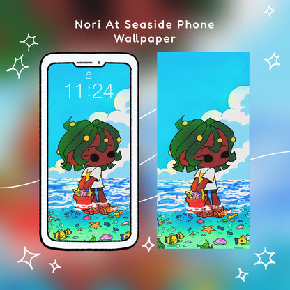 Nori At Seaside Phone Wallpaper | iPhone & Android | Cute Slice Of Life Beachy Ocean Digital Wallpaper