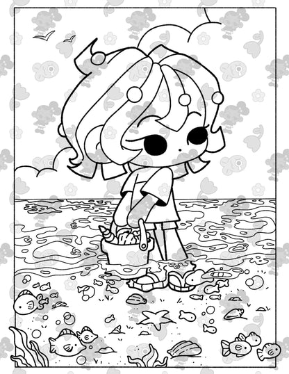 Nori At SeaSide | Cozy Kawaii Style Digital Coloring Page | Printable Digital Download