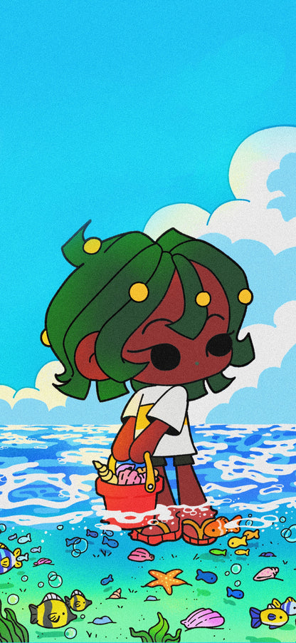 Nori At Seaside Phone Wallpaper | iPhone & Android | Cute Slice Of Life Beachy Ocean Digital Wallpaper